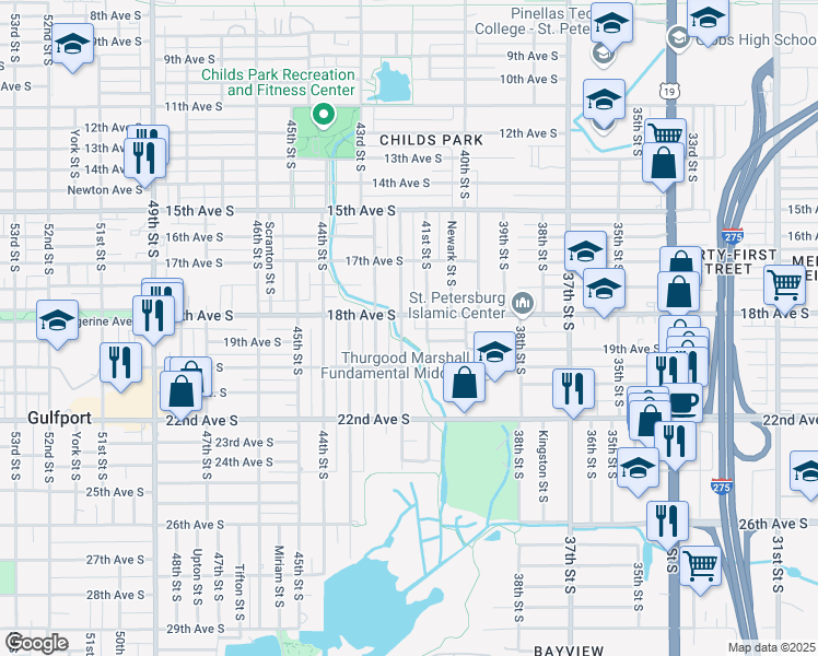 map of restaurants, bars, coffee shops, grocery stores, and more near 4100 18th Avenue South in St. Petersburg