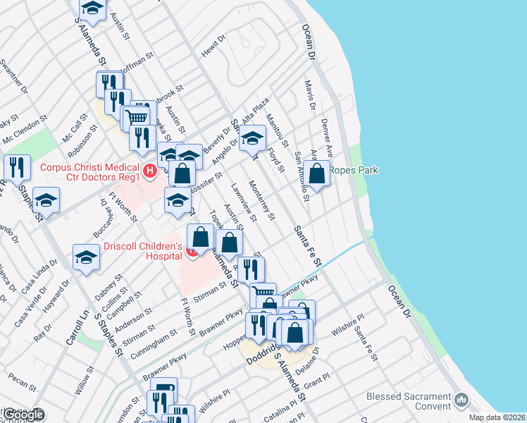 map of restaurants, bars, coffee shops, grocery stores, and more near 3535 Monterrey Street in Corpus Christi