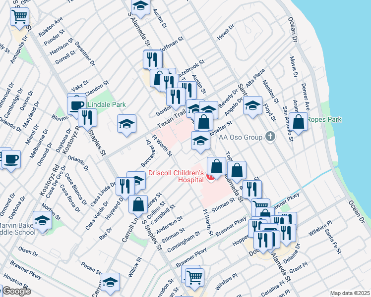 map of restaurants, bars, coffee shops, grocery stores, and more near 3333 South Alameda Street in Corpus Christi