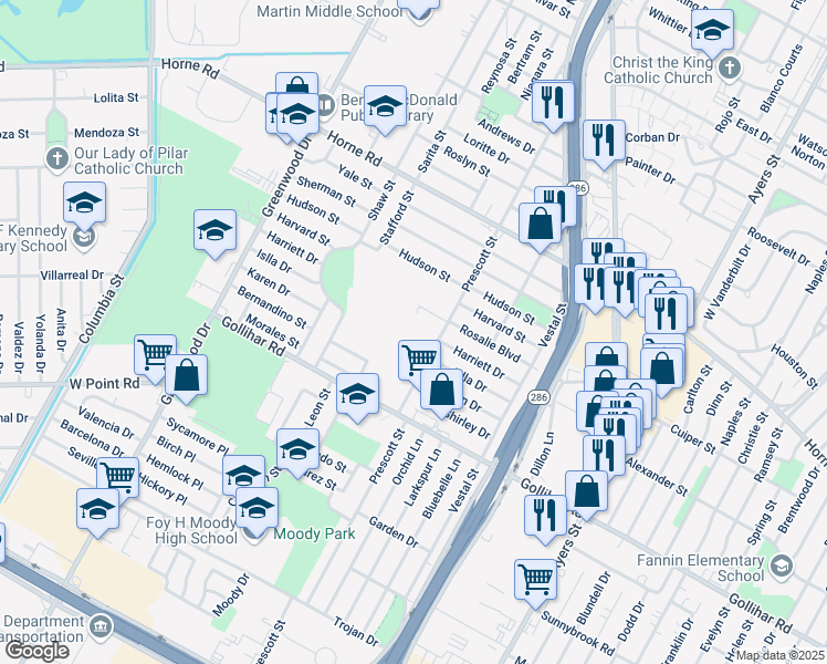 map of restaurants, bars, coffee shops, grocery stores, and more near 4321 Prescott Street in Corpus Christi