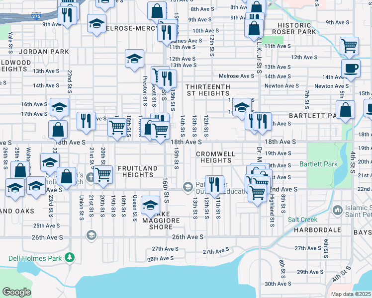 map of restaurants, bars, coffee shops, grocery stores, and more near 1818 14th Street South in St. Petersburg