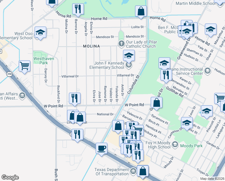 map of restaurants, bars, coffee shops, grocery stores, and more near 4602 Valdez Drive in Corpus Christi