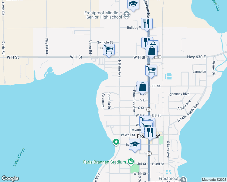 map of restaurants, bars, coffee shops, grocery stores, and more near 337 Sunset Road in Frostproof