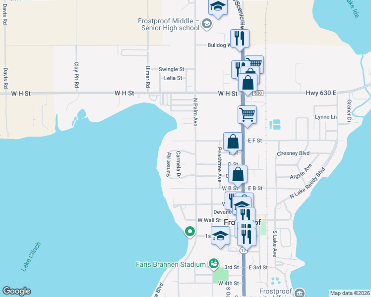 map of restaurants, bars, coffee shops, grocery stores, and more near 337 Sunset Road in Frostproof