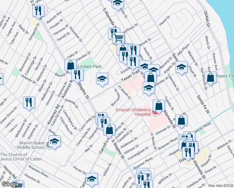 map of restaurants, bars, coffee shops, grocery stores, and more near 77 Buccaneer Drive in Corpus Christi