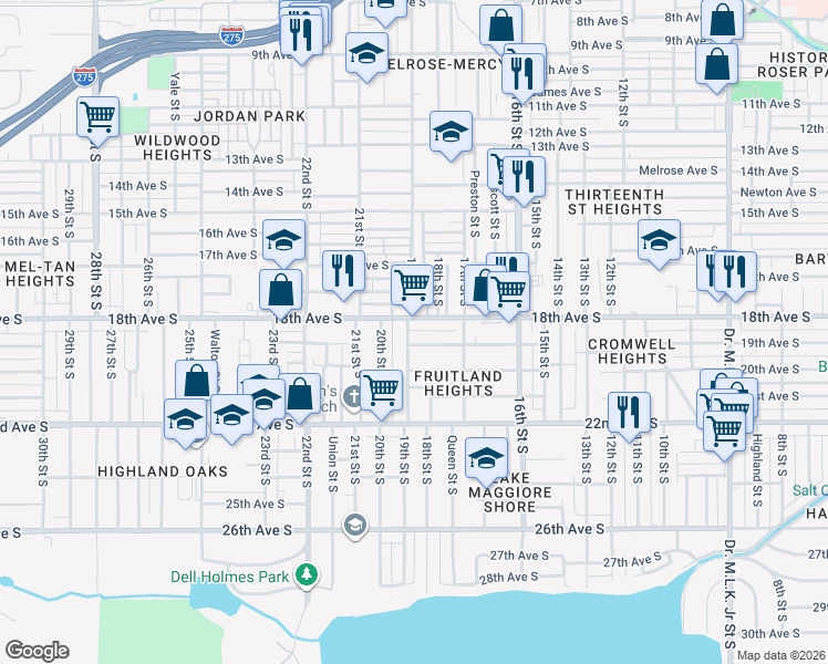 map of restaurants, bars, coffee shops, grocery stores, and more near 1826 19th Street South in St. Petersburg