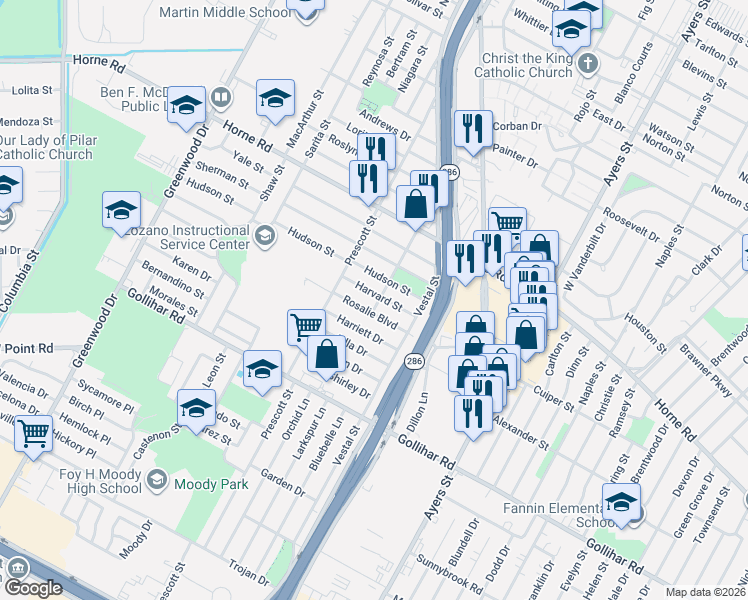 map of restaurants, bars, coffee shops, grocery stores, and more near 2034 Rosalie Boulevard in Corpus Christi