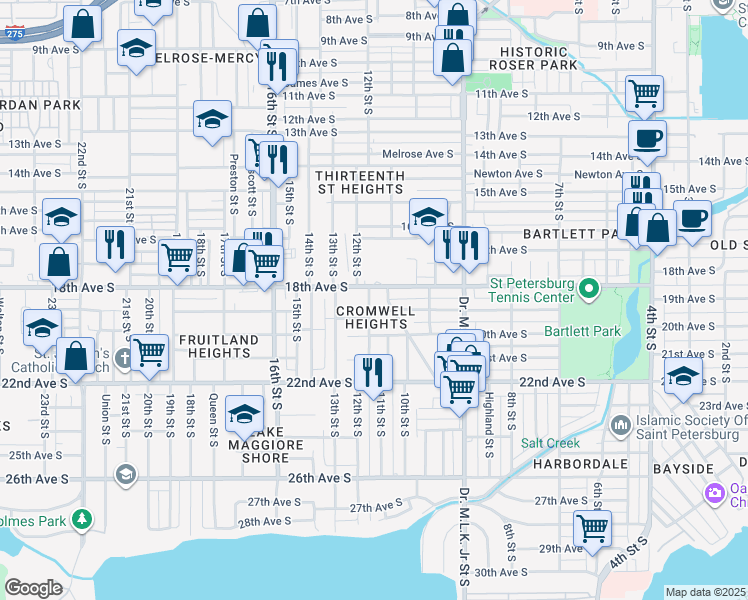 map of restaurants, bars, coffee shops, grocery stores, and more near 1816 12th Street South in St. Petersburg