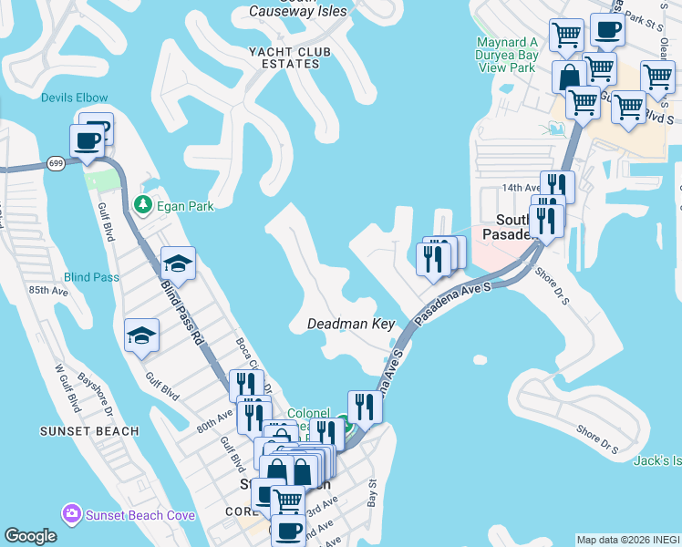 map of restaurants, bars, coffee shops, grocery stores, and more near 7963 Sailboat Key Boulevard South in South Pasadena