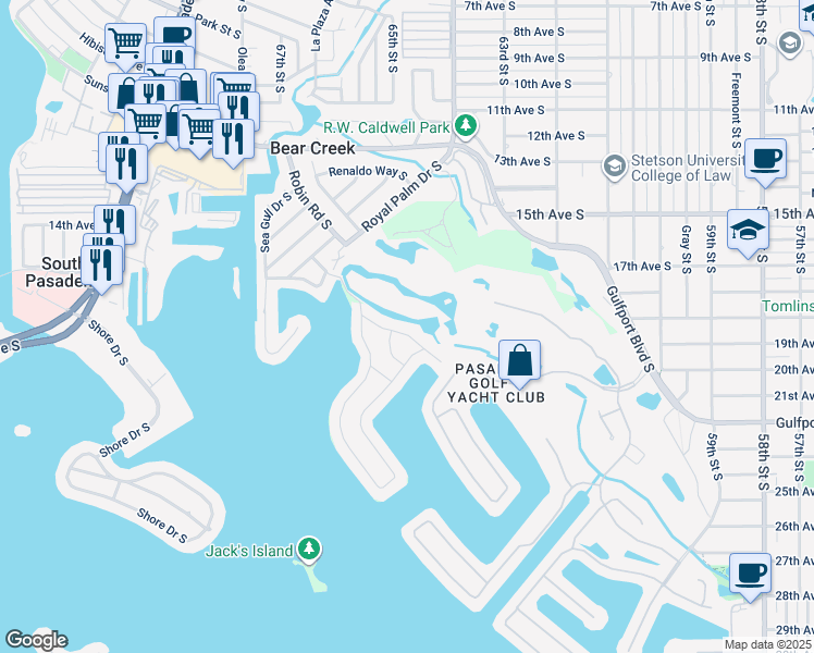 map of restaurants, bars, coffee shops, grocery stores, and more near 6528 Fairway View Boulevard South in St. Petersburg