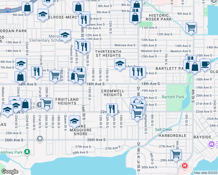 map of restaurants, bars, coffee shops, grocery stores, and more near 1214 18th Avenue South in St. Petersburg
