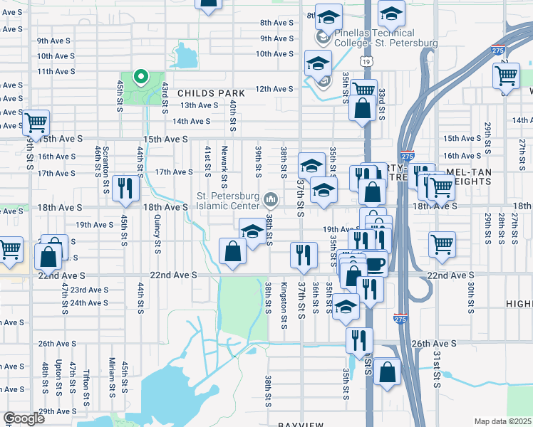 map of restaurants, bars, coffee shops, grocery stores, and more near 3820 18th Avenue South in St. Petersburg