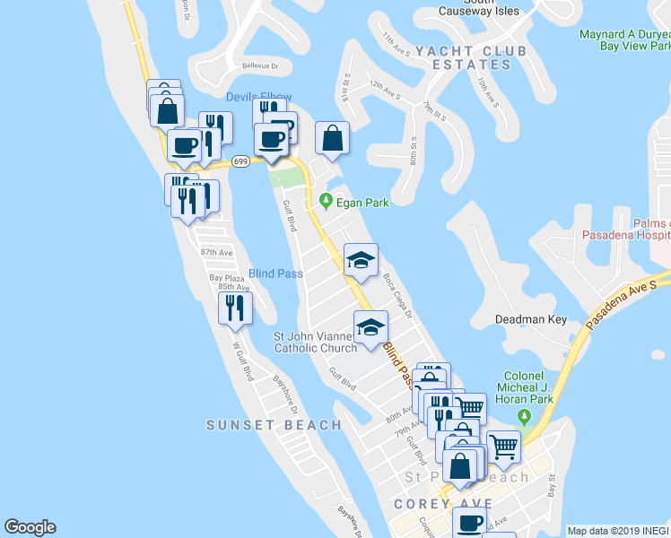 map of restaurants, bars, coffee shops, grocery stores, and more near 8800 Florida 699 in St. Pete Beach