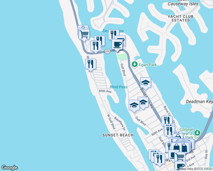 map of restaurants, bars, coffee shops, grocery stores, and more near 8601 East Bay Drive in Treasure Island