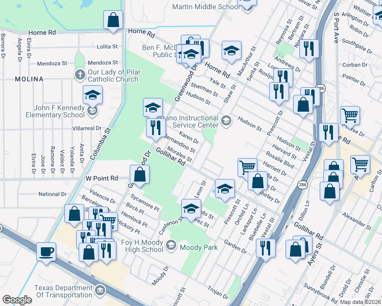 map of restaurants, bars, coffee shops, grocery stores, and more near 1746 Morales Street in Corpus Christi