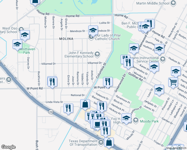 map of restaurants, bars, coffee shops, grocery stores, and more near 4602 Anita Drive in Corpus Christi