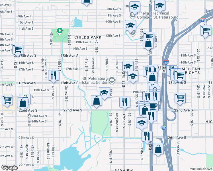 map of restaurants, bars, coffee shops, grocery stores, and more near 3820 18th Avenue South in St. Petersburg