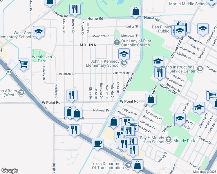 map of restaurants, bars, coffee shops, grocery stores, and more near 4602 Valdez Drive in Corpus Christi