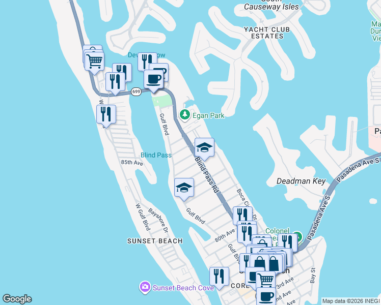 map of restaurants, bars, coffee shops, grocery stores, and more near 8800 Florida 699 in St. Pete Beach