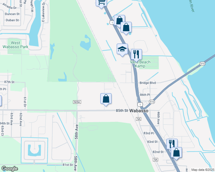 map of restaurants, bars, coffee shops, grocery stores, and more near 5455 87th Street in Sebastian