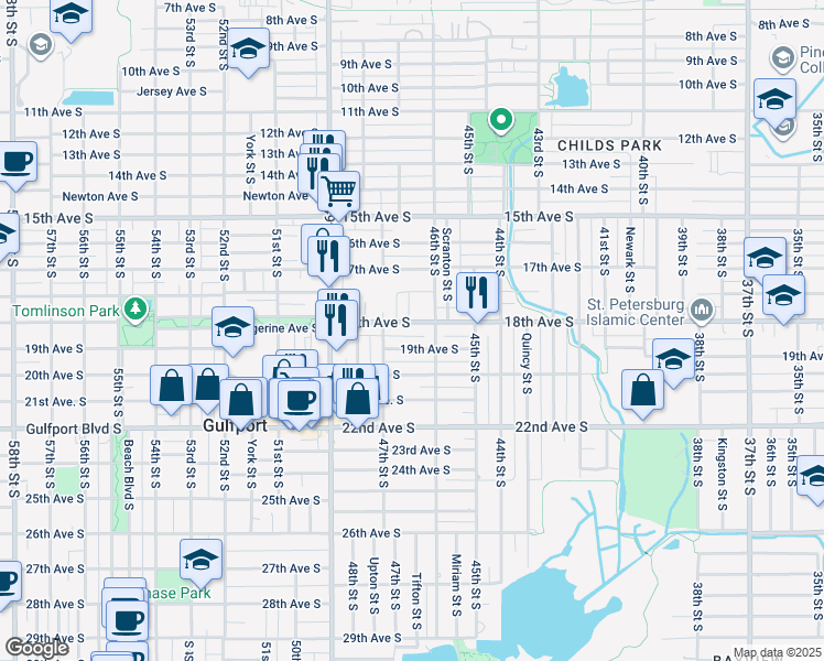 map of restaurants, bars, coffee shops, grocery stores, and more near 4642 18th Avenue South in St. Petersburg