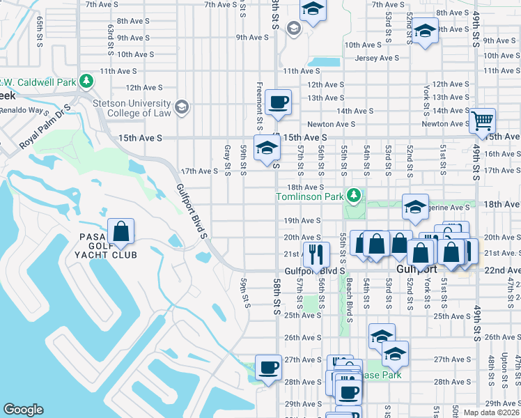 map of restaurants, bars, coffee shops, grocery stores, and more near 5818 Tangerine Avenue South in Gulfport
