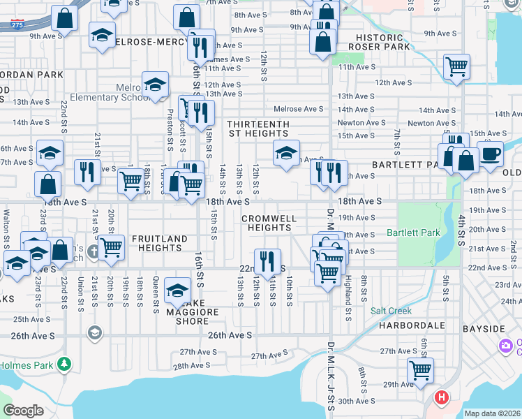 map of restaurants, bars, coffee shops, grocery stores, and more near 1214 18th Avenue South in St. Petersburg