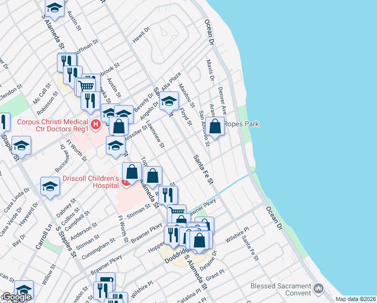 map of restaurants, bars, coffee shops, grocery stores, and more near 3535 Monterrey Street in Corpus Christi
