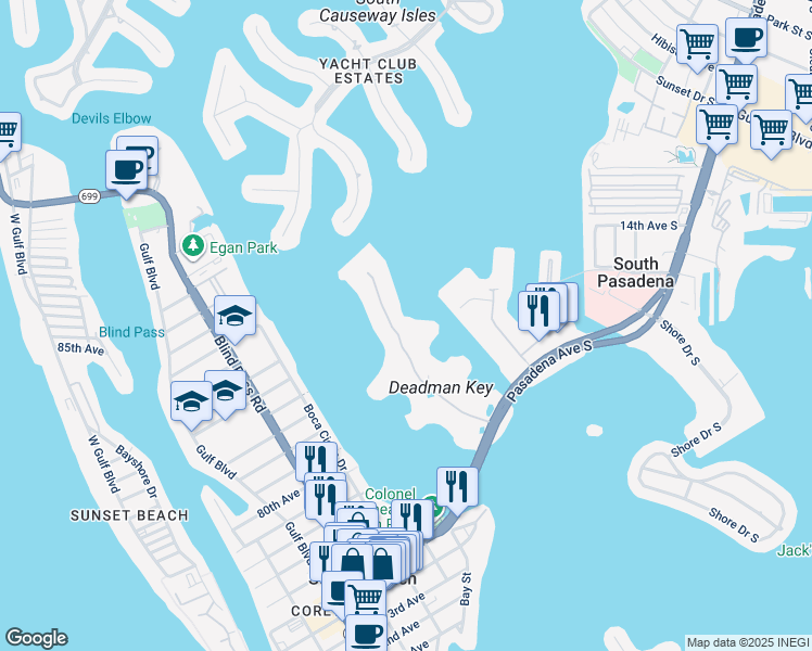 map of restaurants, bars, coffee shops, grocery stores, and more near 7979 Sailboat Key Boulevard South in South Pasadena