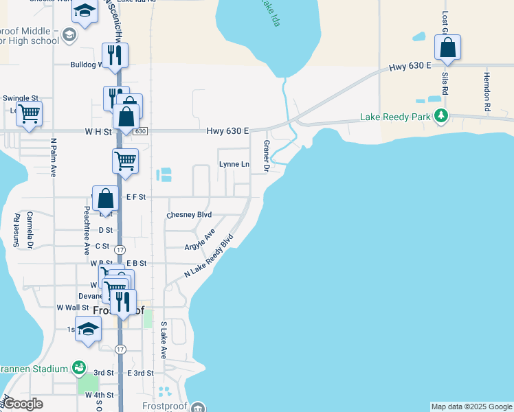 map of restaurants, bars, coffee shops, grocery stores, and more near 214 North Lake Reedy Boulevard in Frostproof