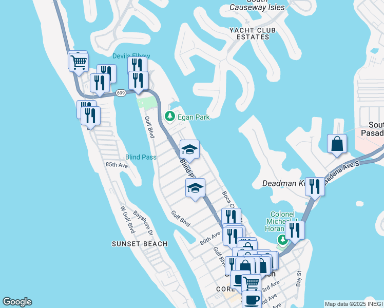 map of restaurants, bars, coffee shops, grocery stores, and more near 301 87th Avenue in St. Pete Beach