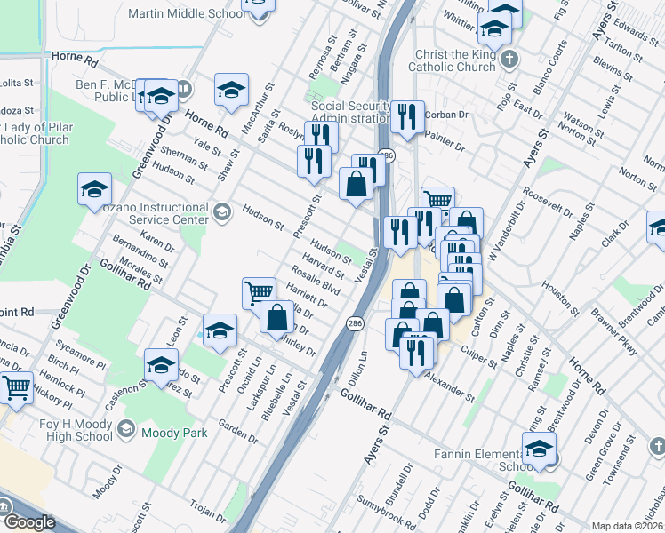 map of restaurants, bars, coffee shops, grocery stores, and more near 2122 Harvard Street in Corpus Christi