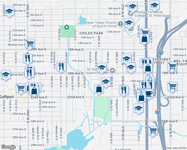map of restaurants, bars, coffee shops, grocery stores, and more near 4100 18th Avenue South in St. Petersburg