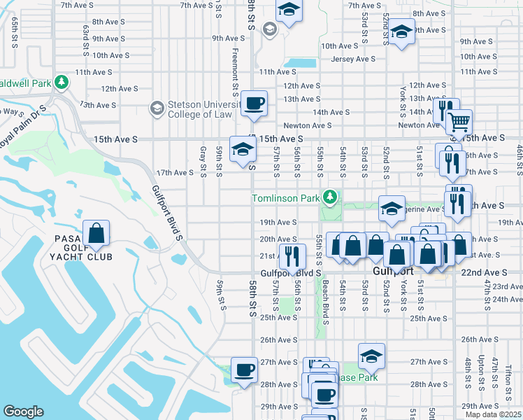 map of restaurants, bars, coffee shops, grocery stores, and more near 5718 Tangerine Avenue South in Gulfport