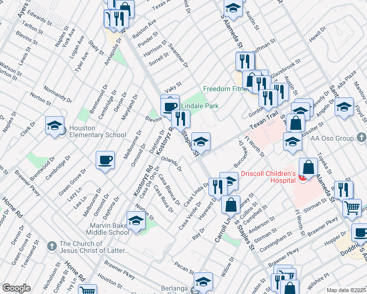 map of restaurants, bars, coffee shops, grocery stores, and more near 3233 South Staples Street in Corpus Christi