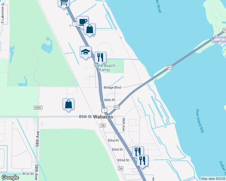 map of restaurants, bars, coffee shops, grocery stores, and more near 4755 87th Street in Sebastian