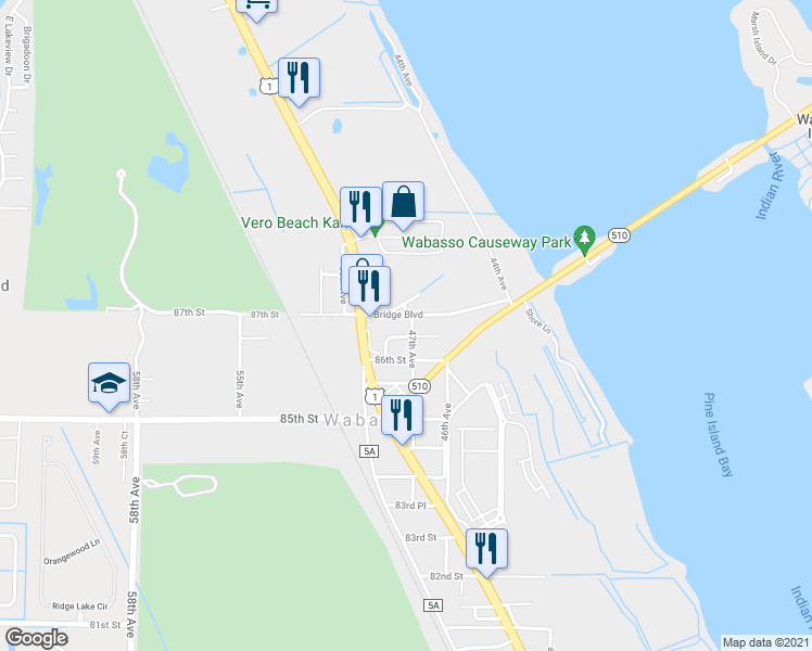 map of restaurants, bars, coffee shops, grocery stores, and more near 4755 87th Street in Sebastian