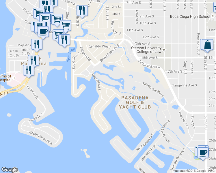 map of restaurants, bars, coffee shops, grocery stores, and more near 6528 Fairway View Boulevard South in St. Petersburg