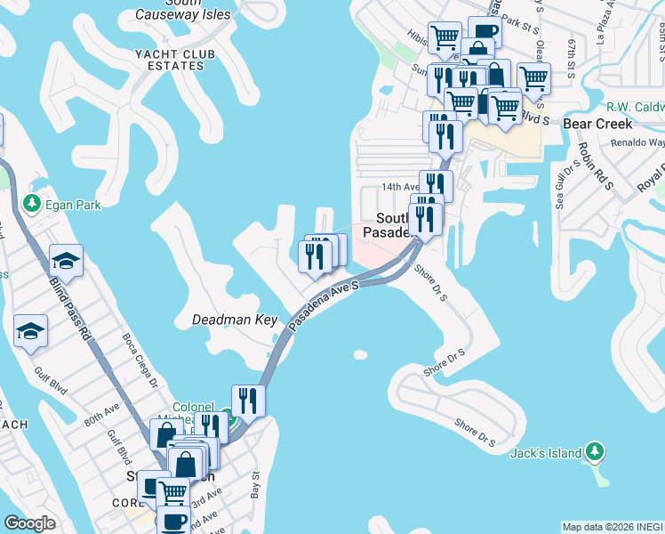 map of restaurants, bars, coffee shops, grocery stores, and more near 7405 Bay Island Dr S in South Pasadena