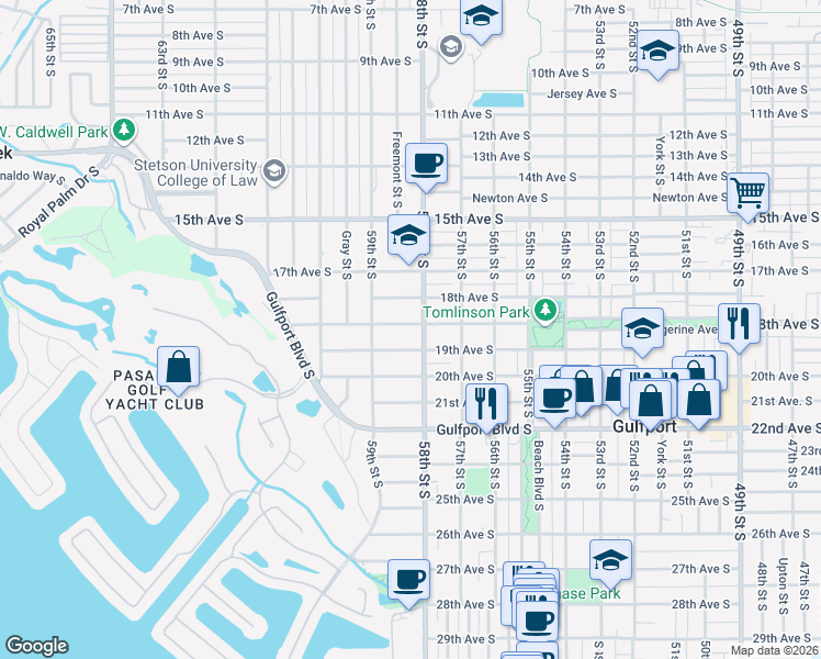map of restaurants, bars, coffee shops, grocery stores, and more near 5818 Tangerine Avenue South in Gulfport