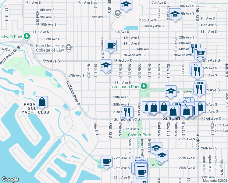 map of restaurants, bars, coffee shops, grocery stores, and more near 5718 Tangerine Avenue South in Gulfport