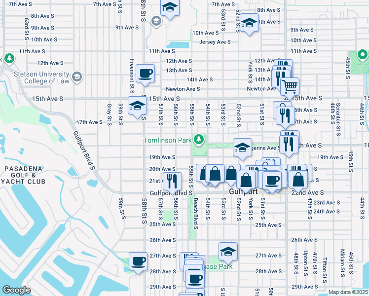 map of restaurants, bars, coffee shops, grocery stores, and more near 5510 Tangerine Avenue South in Gulfport