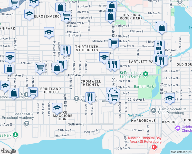 map of restaurants, bars, coffee shops, grocery stores, and more near 1060 18th Avenue South in St. Petersburg