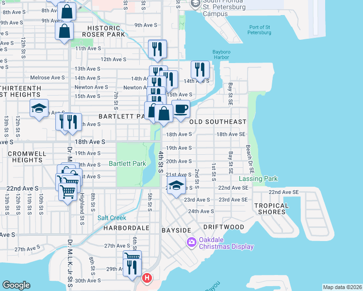map of restaurants, bars, coffee shops, grocery stores, and more near 250 19th Avenue South in St. Petersburg