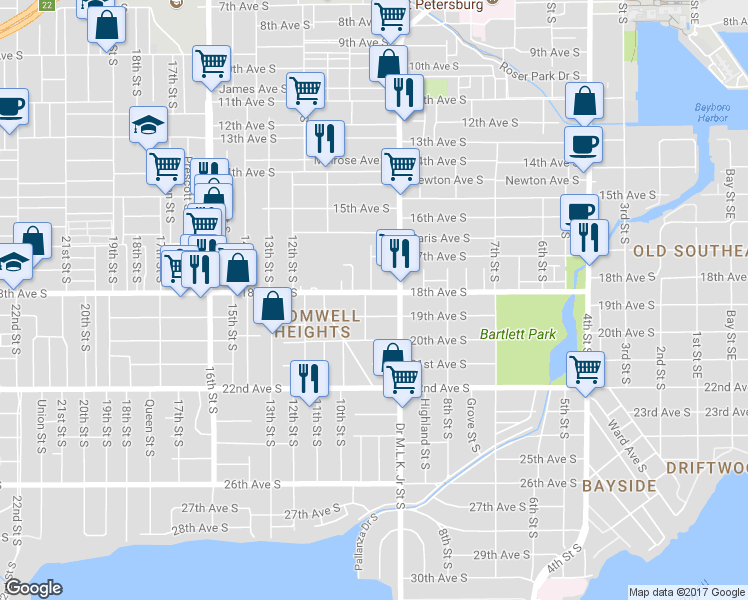 map of restaurants, bars, coffee shops, grocery stores, and more near 1831 9th Street South in St. Petersburg