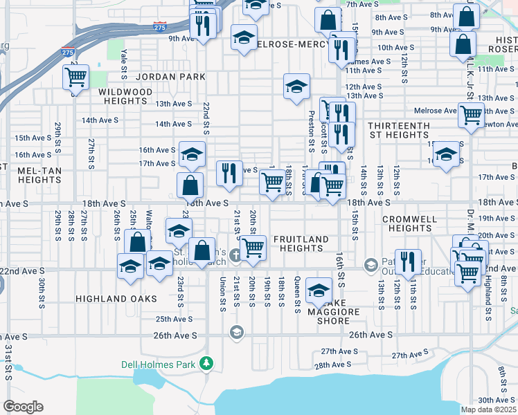 map of restaurants, bars, coffee shops, grocery stores, and more near 1826 19th Street South in St. Petersburg