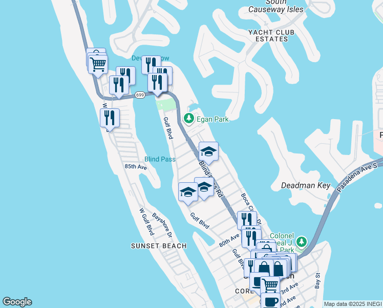 map of restaurants, bars, coffee shops, grocery stores, and more near 8800 Florida 699 in St. Pete Beach