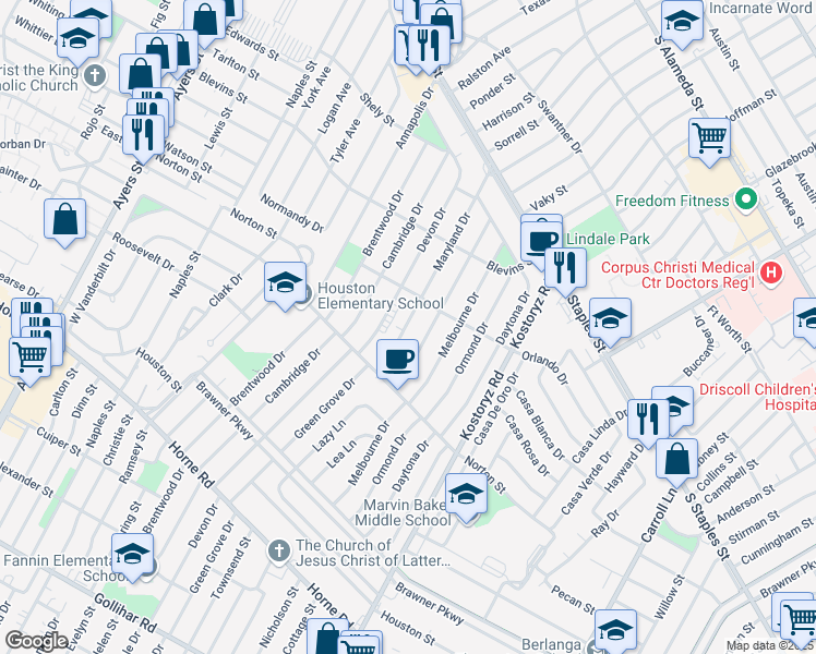 map of restaurants, bars, coffee shops, grocery stores, and more near 1435 Maryland Drive in Corpus Christi