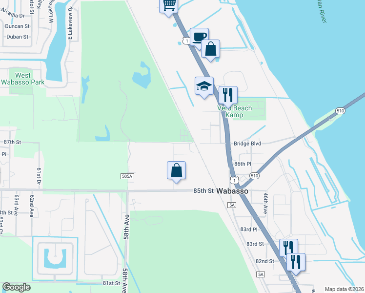 map of restaurants, bars, coffee shops, grocery stores, and more near 5455 87th Street in Sebastian