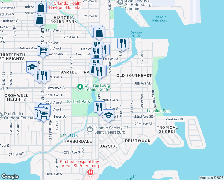 map of restaurants, bars, coffee shops, grocery stores, and more near 1846 3rd Street South in St. Petersburg